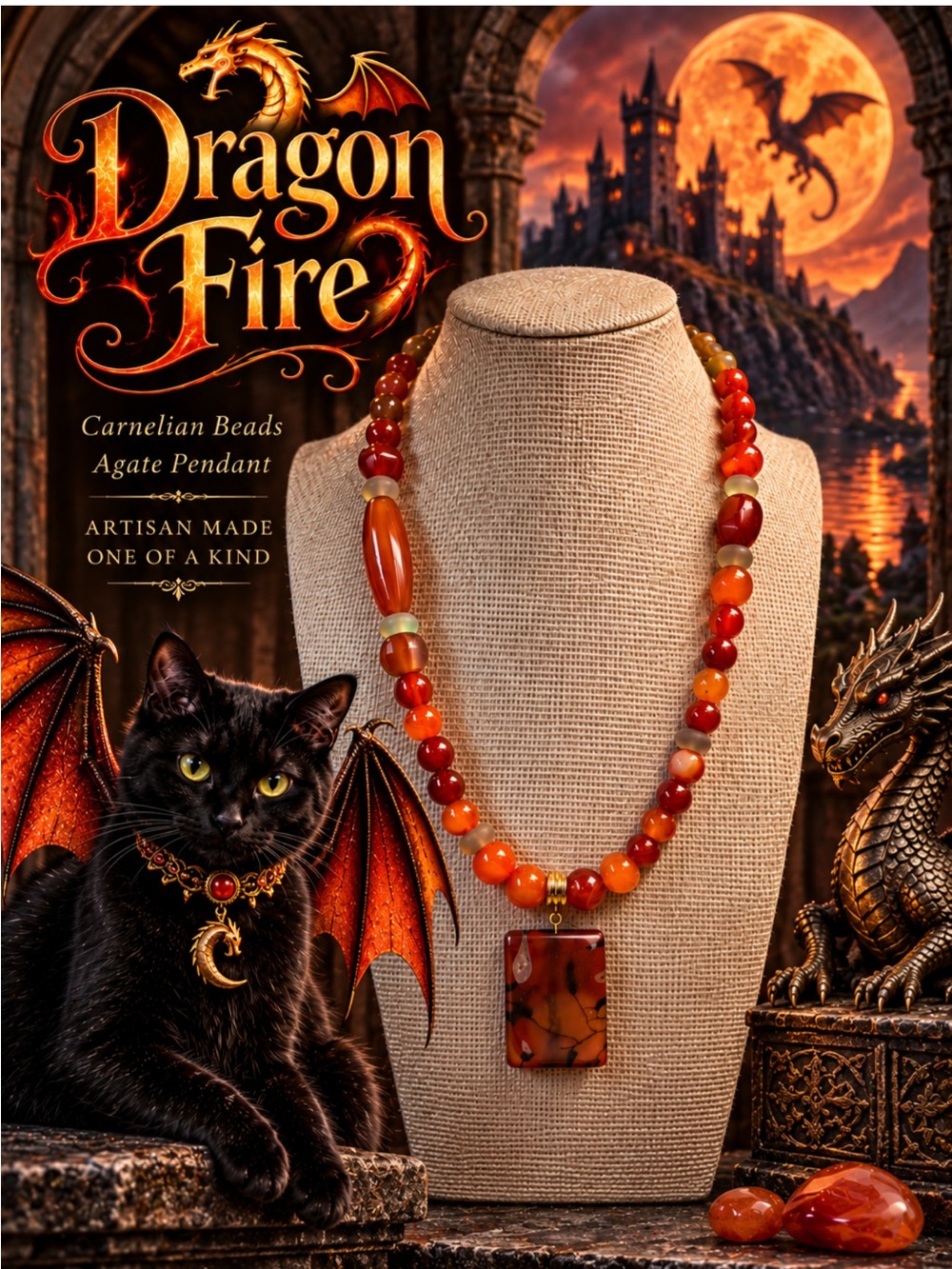 Dragon Fire Carnelian and Agate Pendant Necklace
